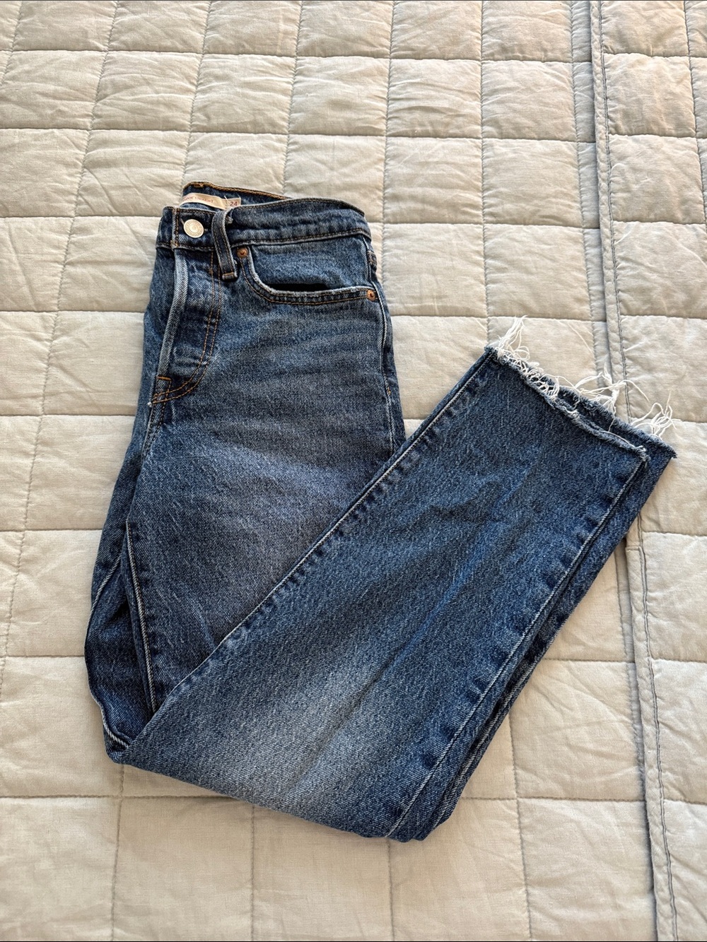 Levi's Dark Blue Cropped Frayed-Hem Jeans